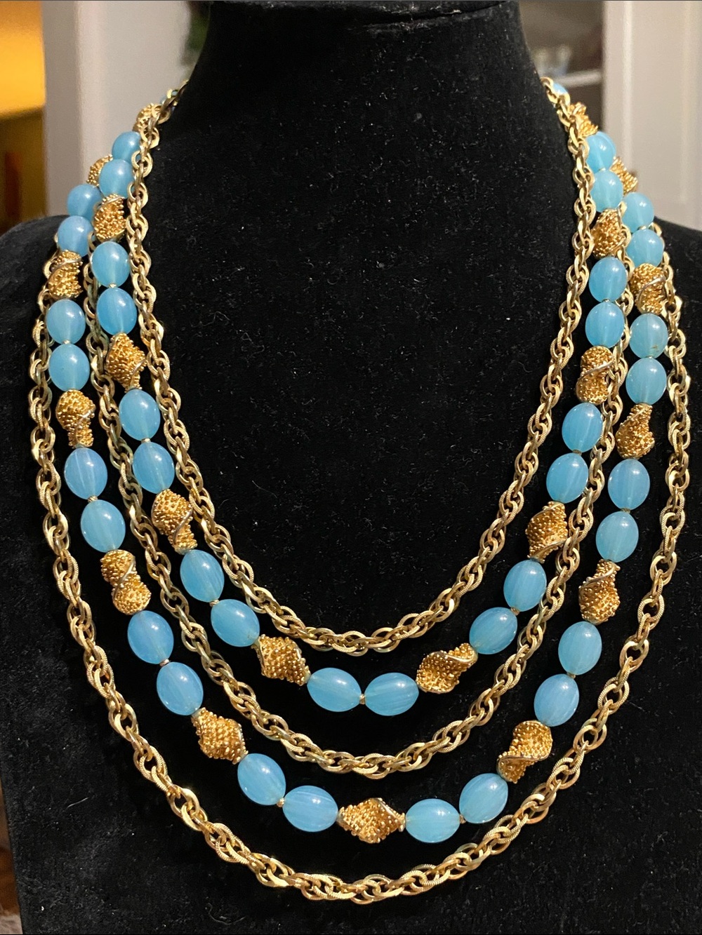 VTG Crown Trifari Alfred Philippe Etruscan Aqua Lucite 5 Strand